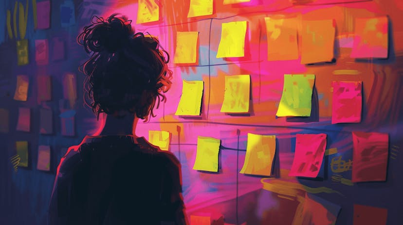 A woman is looking at a whiteboard covered in post-its. The post-its represent the words in semantic and vector search.