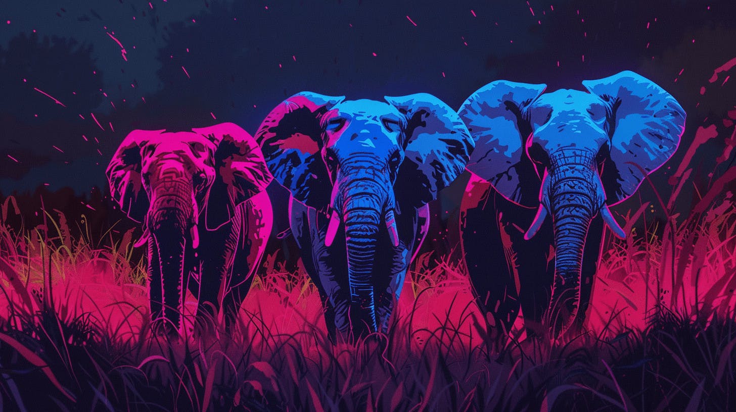 Three similar elephants in neon colors, over a dark background, representing Postgres replication.