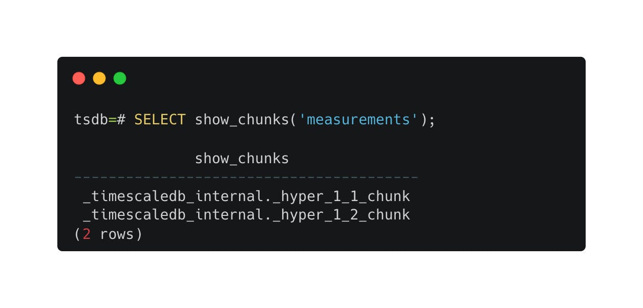 The output of show_chunks on the measurements hypertable. Two chunks are shown: hyper_1_1_chunk and hyper_1_2_chunk.