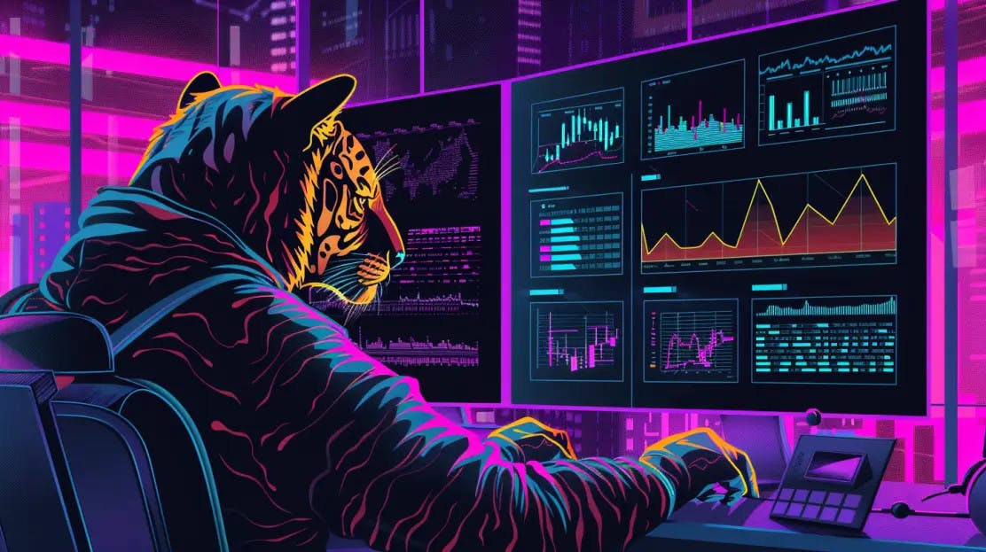 A tiger developer looking at data graphs on his computer.