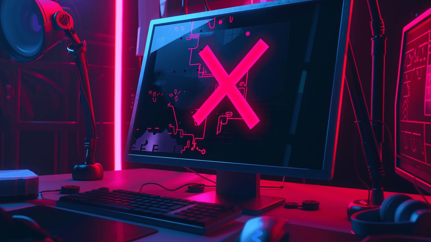 A fatal error red cross on a computer screen