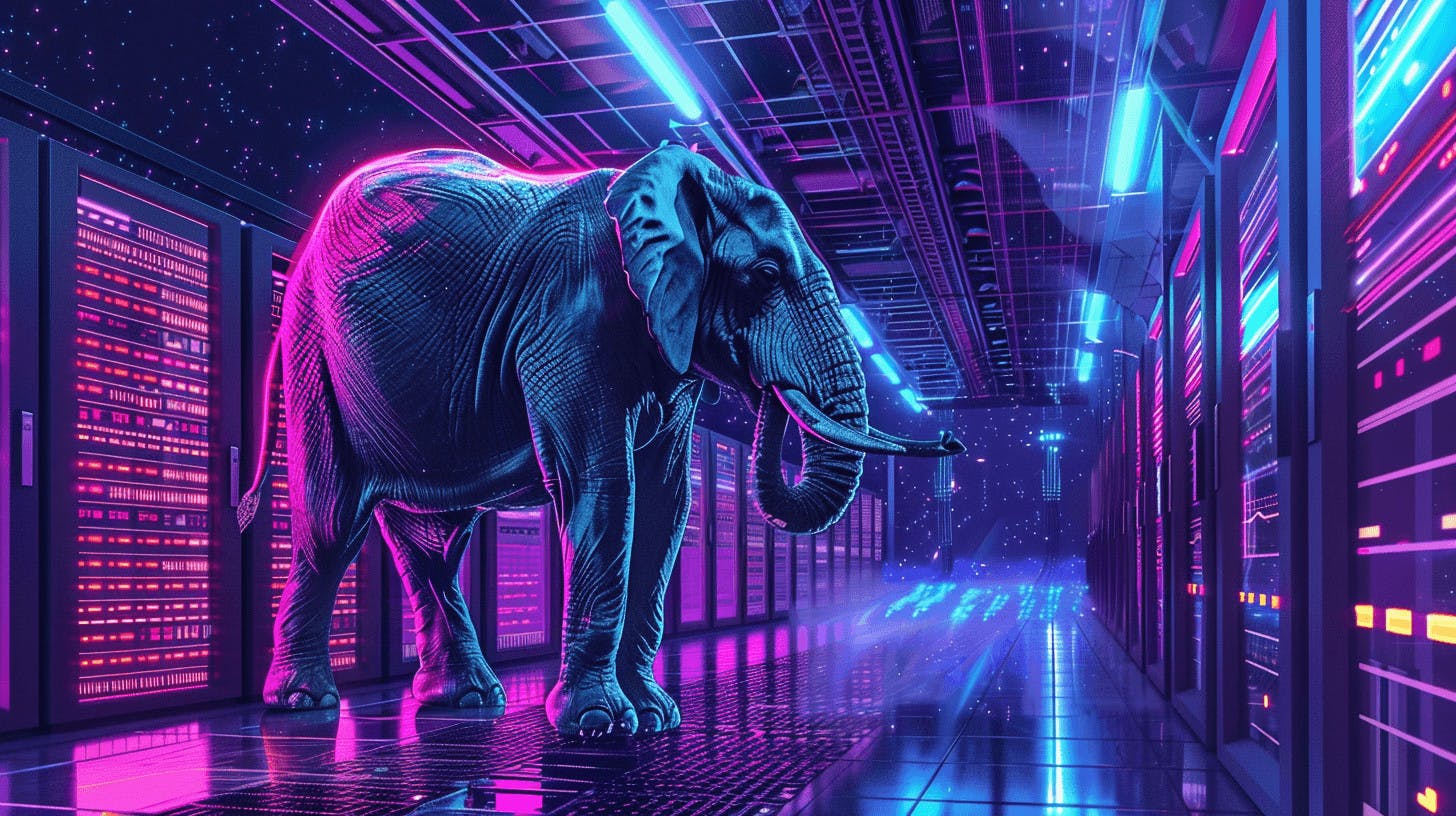 An elephant in a high-tech data center in neon colors.