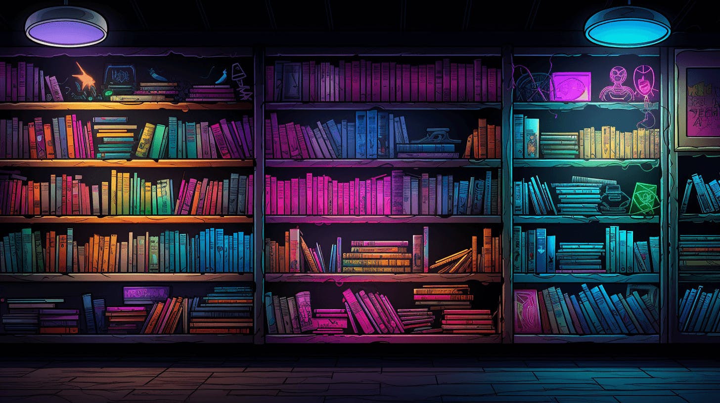 A bookshelf with books representing metadata tables.