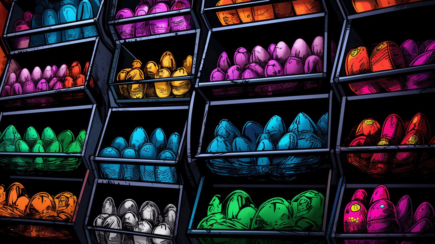 A series of eggs organized by shelf representing time-series data modeling.
