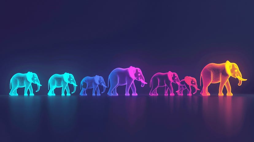 A line of elephants of different sizes representing the size and variation of your workloads in neon colors.