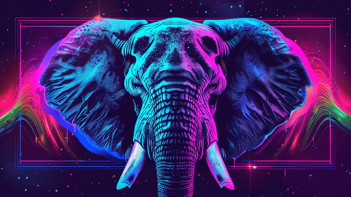 A very powerful elephant in neon colors over a black background, representing powerful Postgres performance.