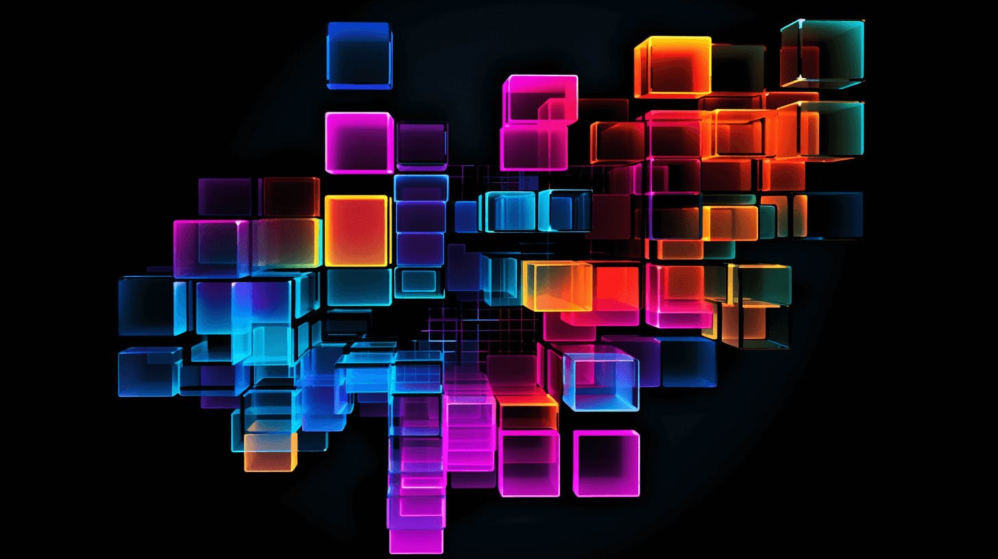 Lots of neon squares over a black background representing data aggregation.