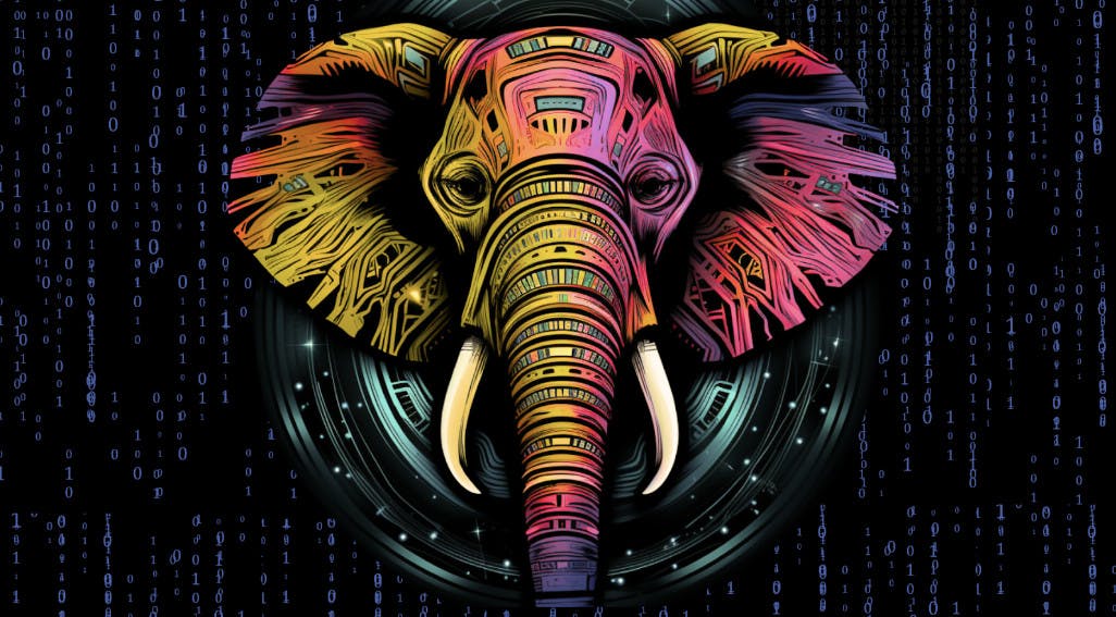 A colorful elephant with a matrix grid in the background, representing the various data types.