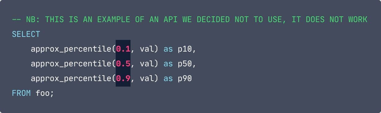 -- NB: THIS IS AN EXAMPLE OF AN API WE DECIDED NOT TO USE, IT DOES NOT WORK SELECT      approx_percentile(0.1, val) as p10,      approx_percentile(0.5, val) as p50,      approx_percentile(0.9, val) as p90  FROM foo; The first values in each of the approx_percentile calls are highlighted and in red.