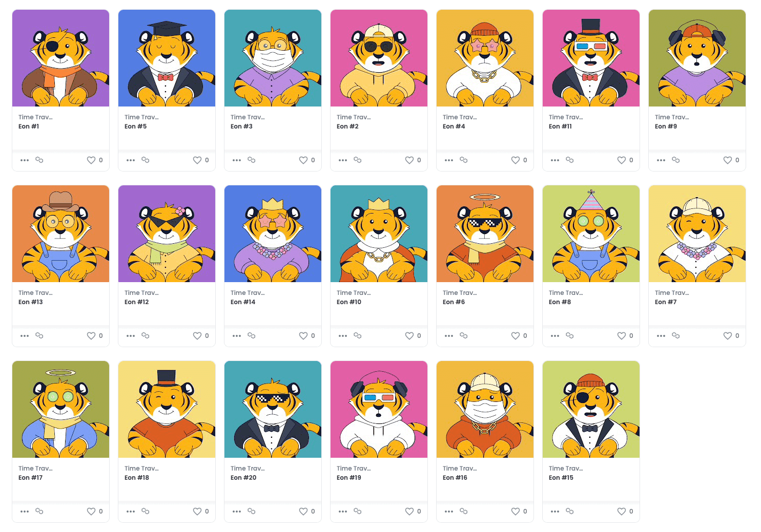 Time Travel Tigers by Timescale, a collection of 20 limited edition NFTs, with our tiger mascot Eon dressed in different outfits