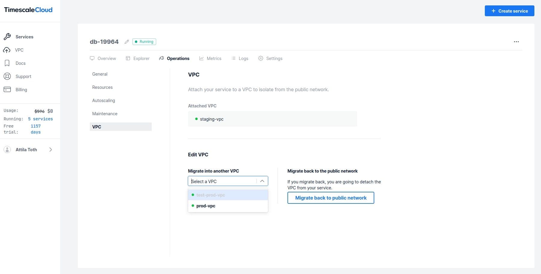 Operations tab of a Timescale Cloud service.