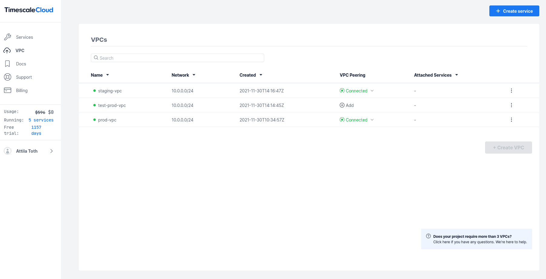 VPC tab in Timescale Cloud showing list of VPC projects.