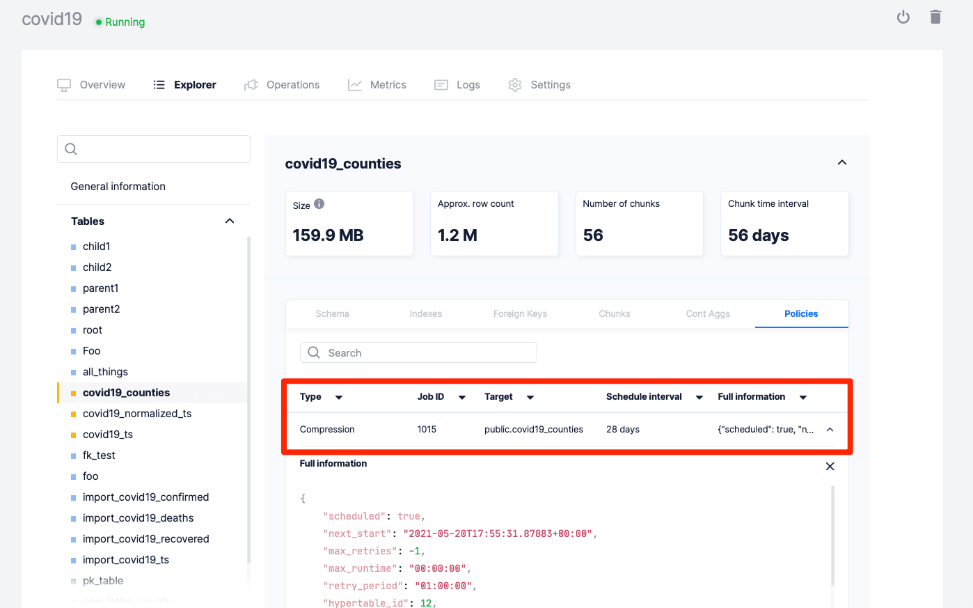 Timescale Forge tables page, showing information about compression policies on your database.