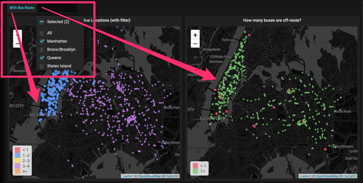 Two side-by-side NYC maps, showing a Grafana drop-down menu to illustrate how visualizations change as you select options.