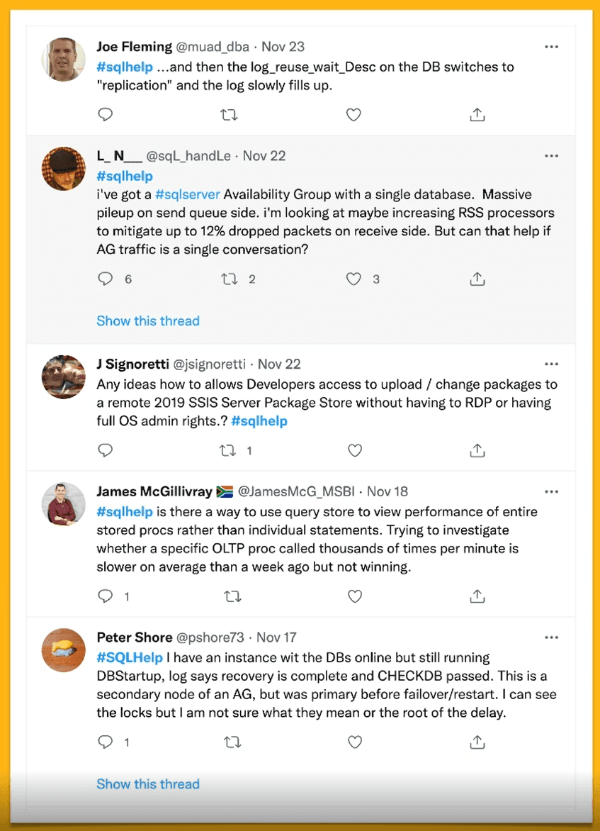  Twitter users chipping in on a thread with the #sqlhelp hashtag