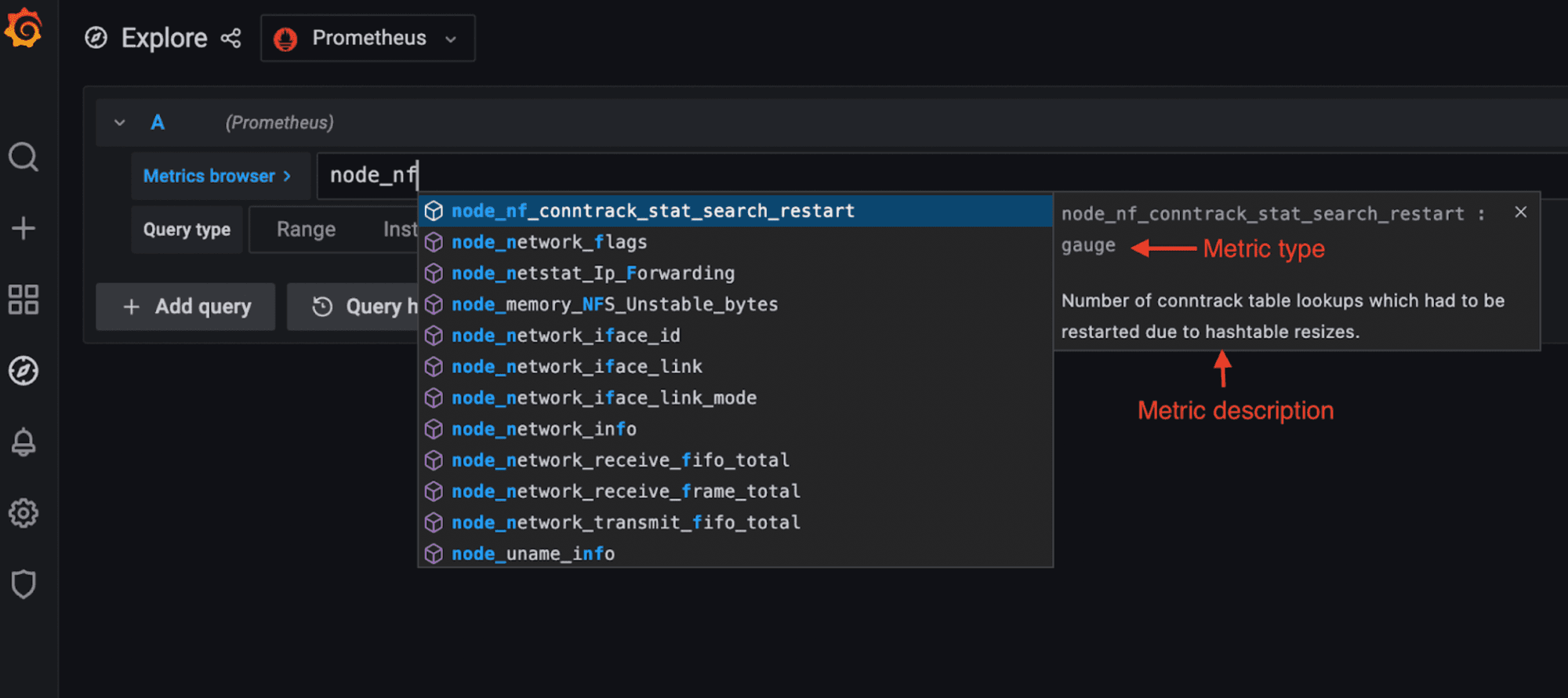 Screenshot showing the metrics browser in Grafana. 