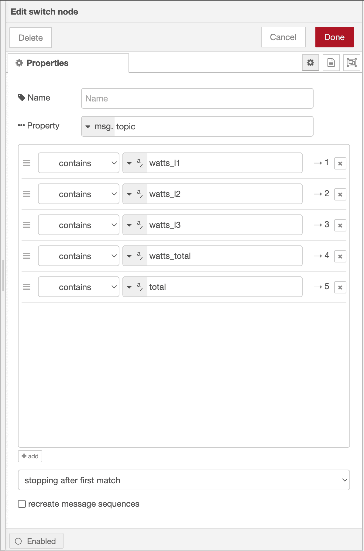 The Edit Switch panel in Node-RED