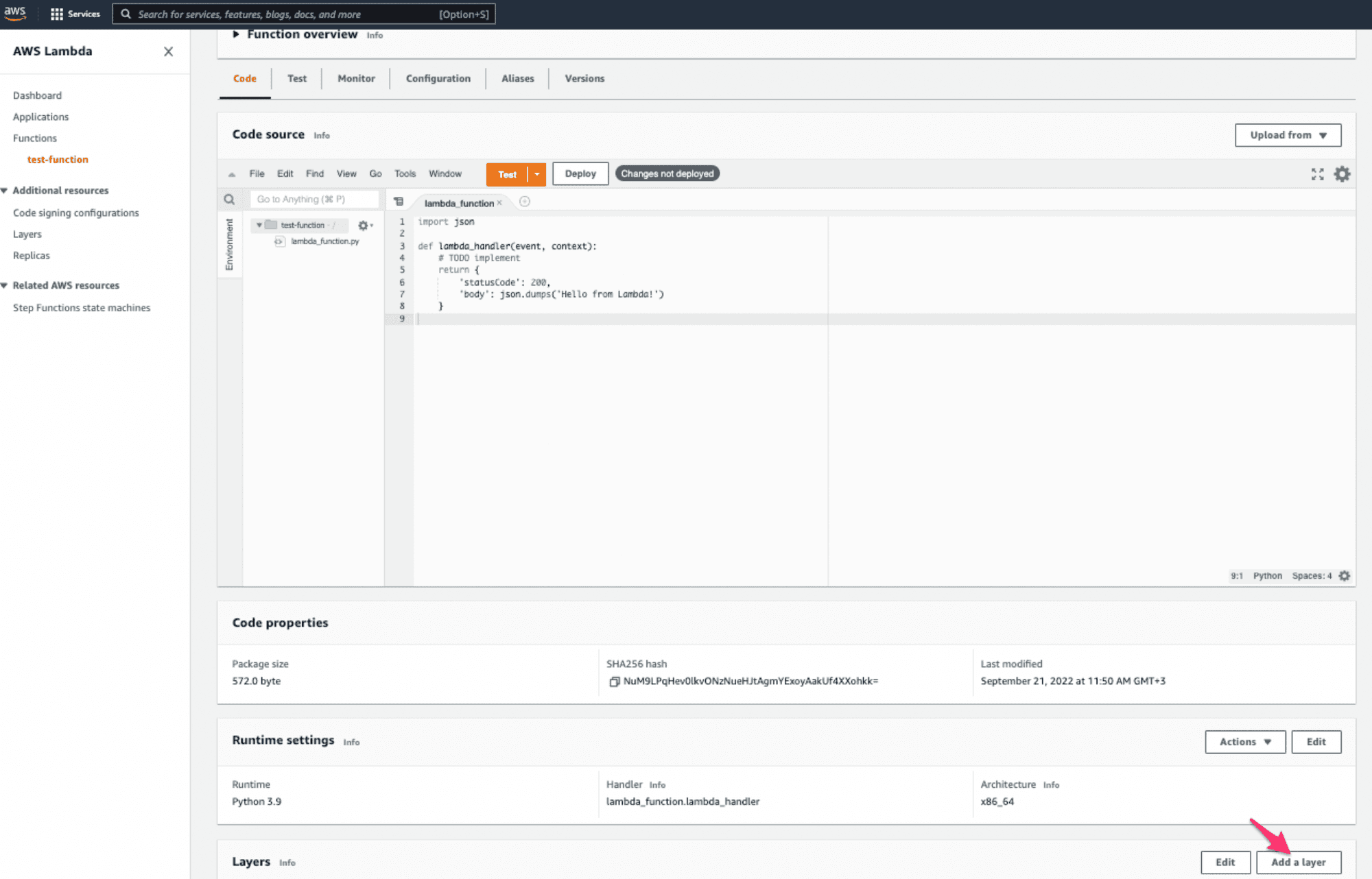 Adding a layer to your AWS Lambda.