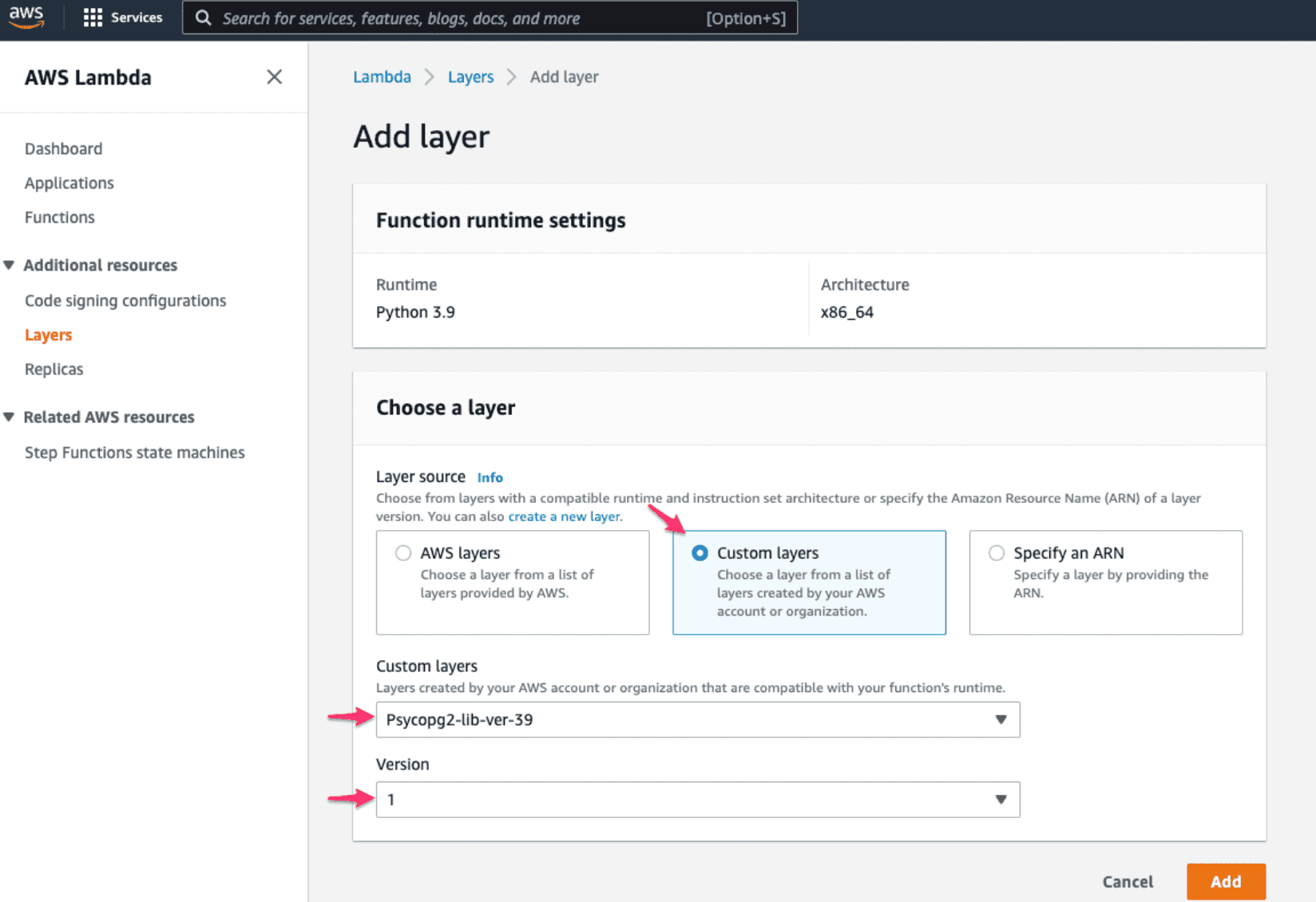 Selecting a custom layer in AWS Lambda