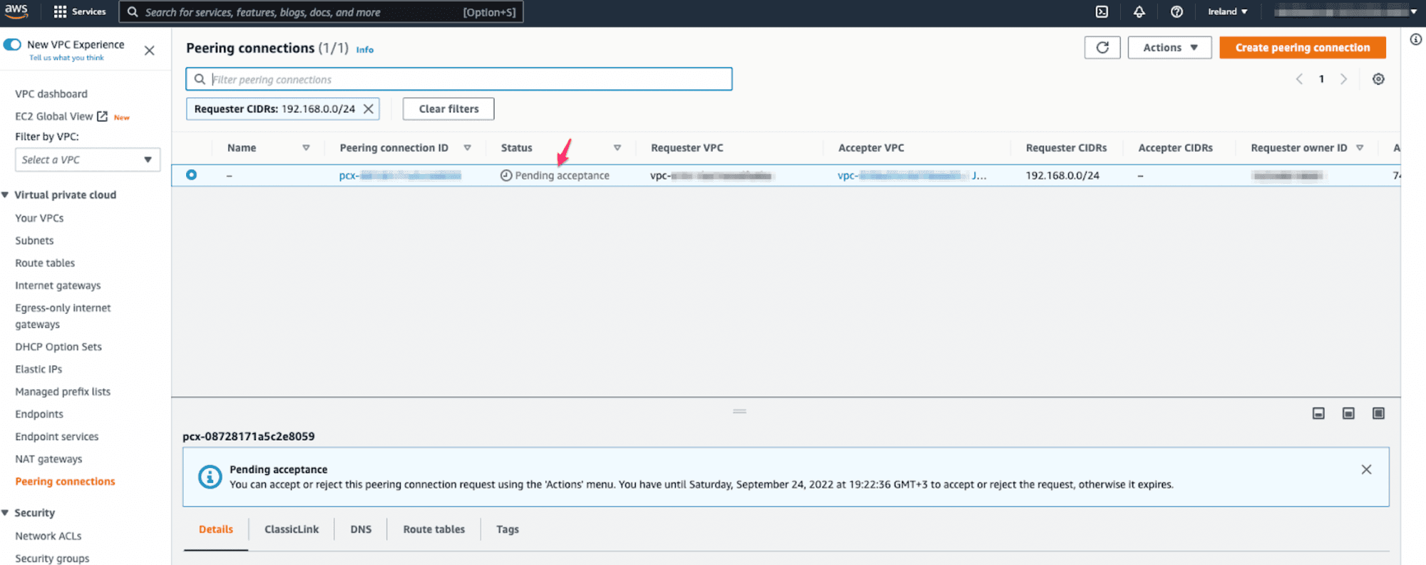 Peering connections screen in AWS.