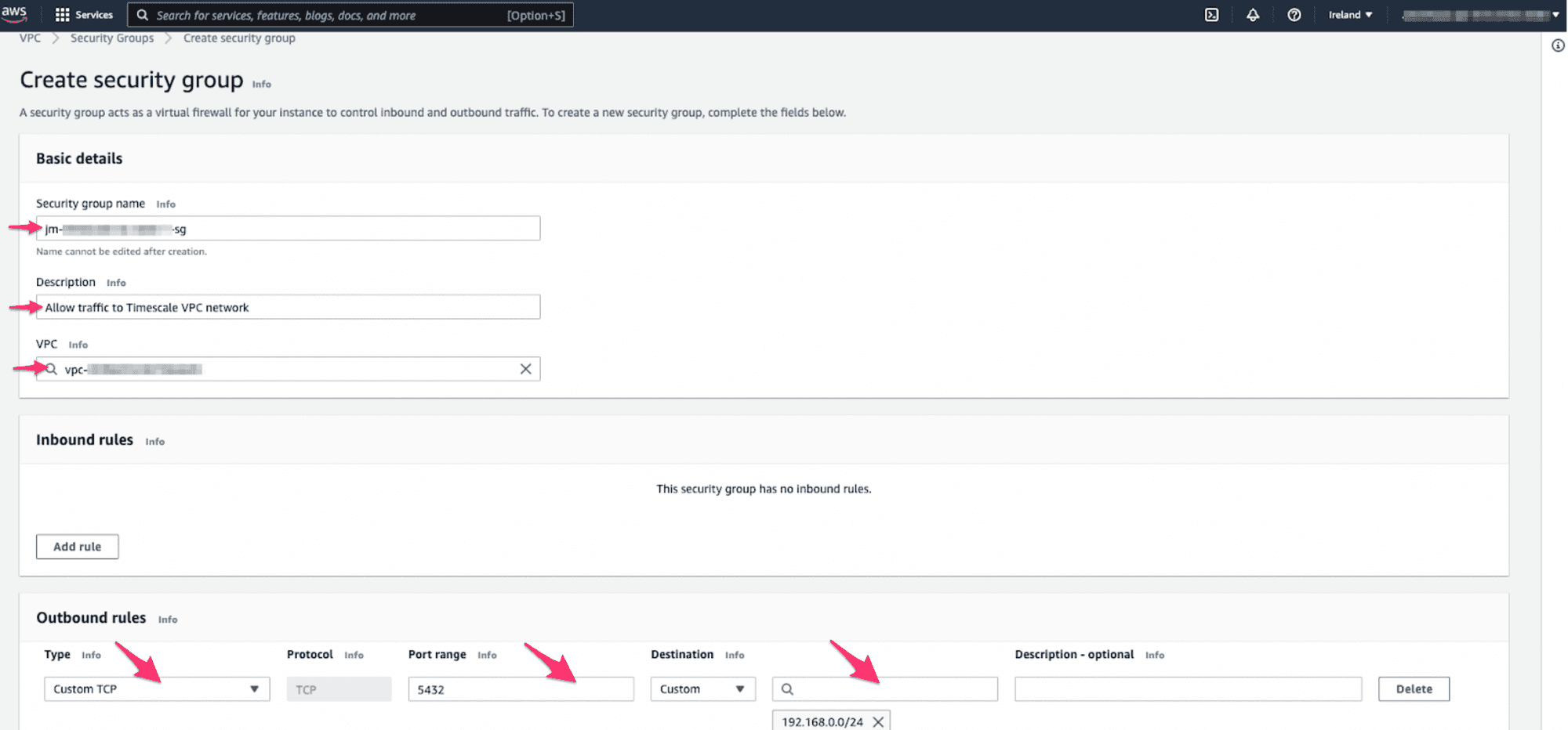 Creating a security group in AWS.