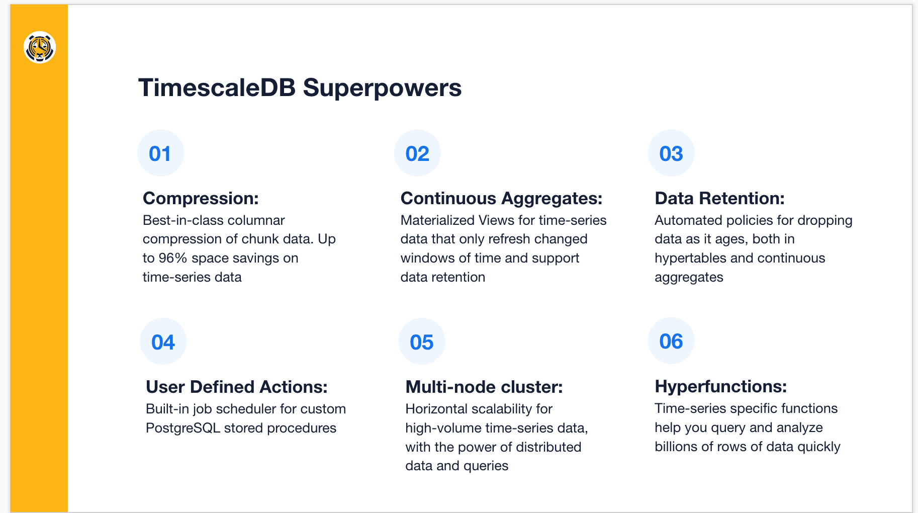 One of the talk's slides describing TimescaleDB's superpowers