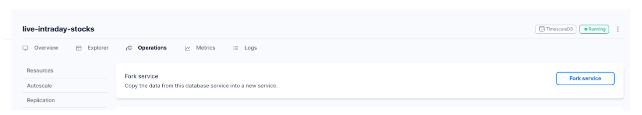 In Timescale Cloud, creating copies of your database is as easy as clicking on “Fork service.” You can delete the fork just as quickly once you’re done with it. 