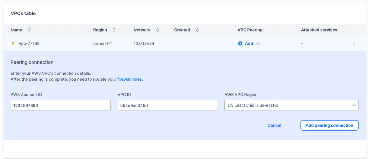 Creating a peering connection to a single VPC in the Timescale Cloud UI