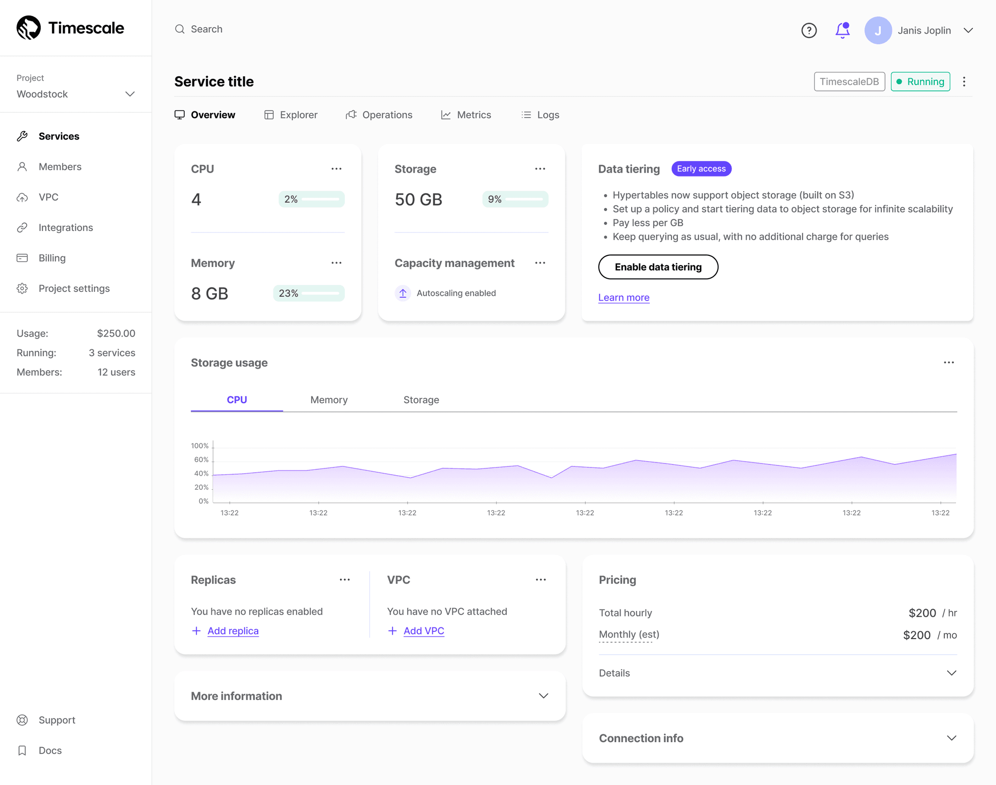 The Services overview page in the rebranded Timescale UI