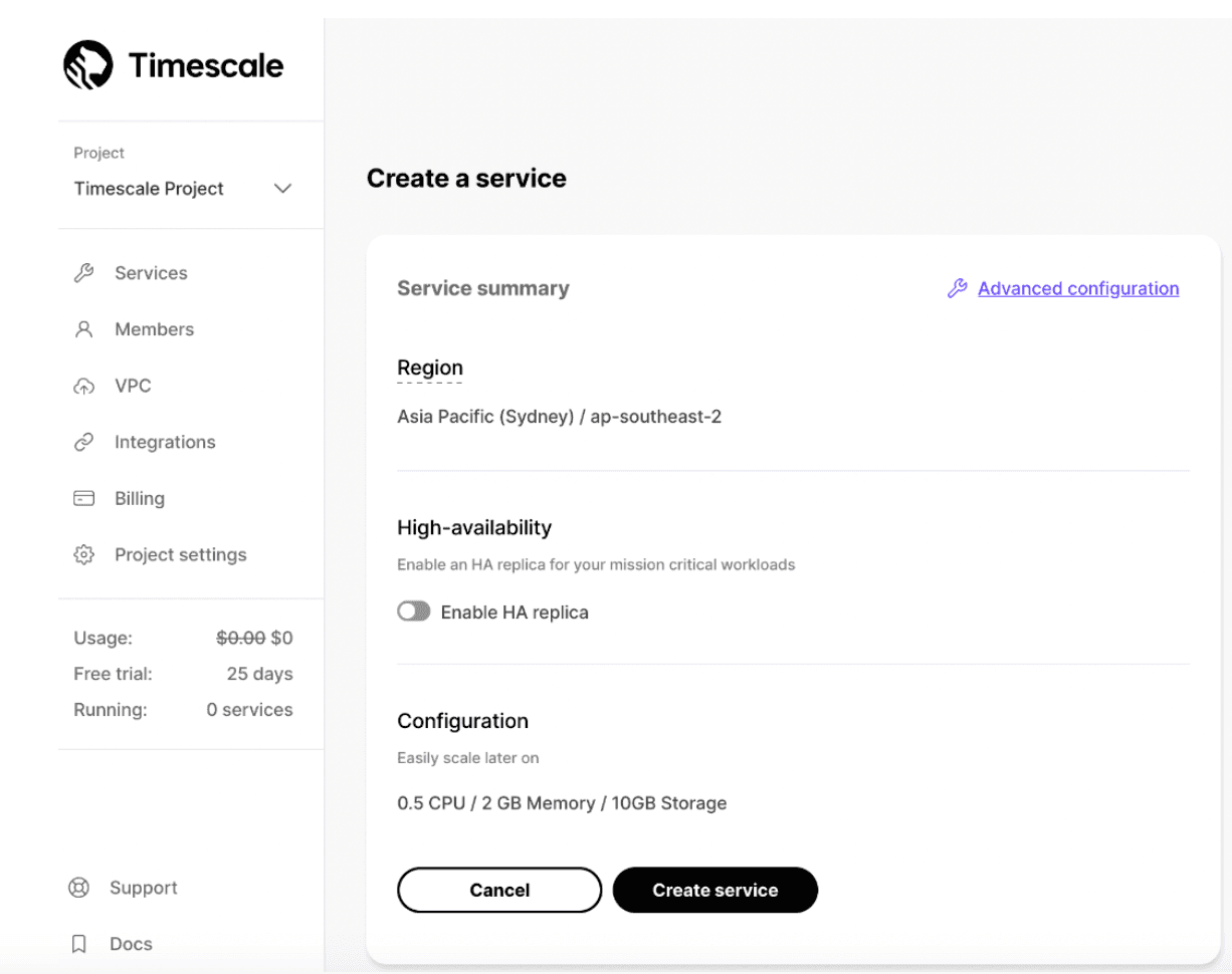 Integrating EMQX Cloud and Timescale: Timescale's Create a service page