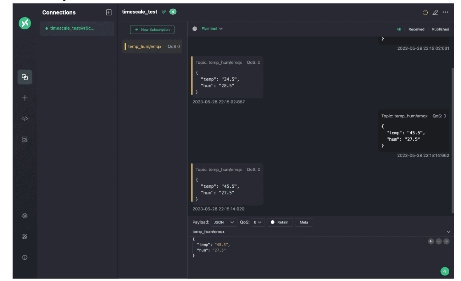 Integrating EMQX Cloud and Timescale: Connections timescale test page in the EMQX console