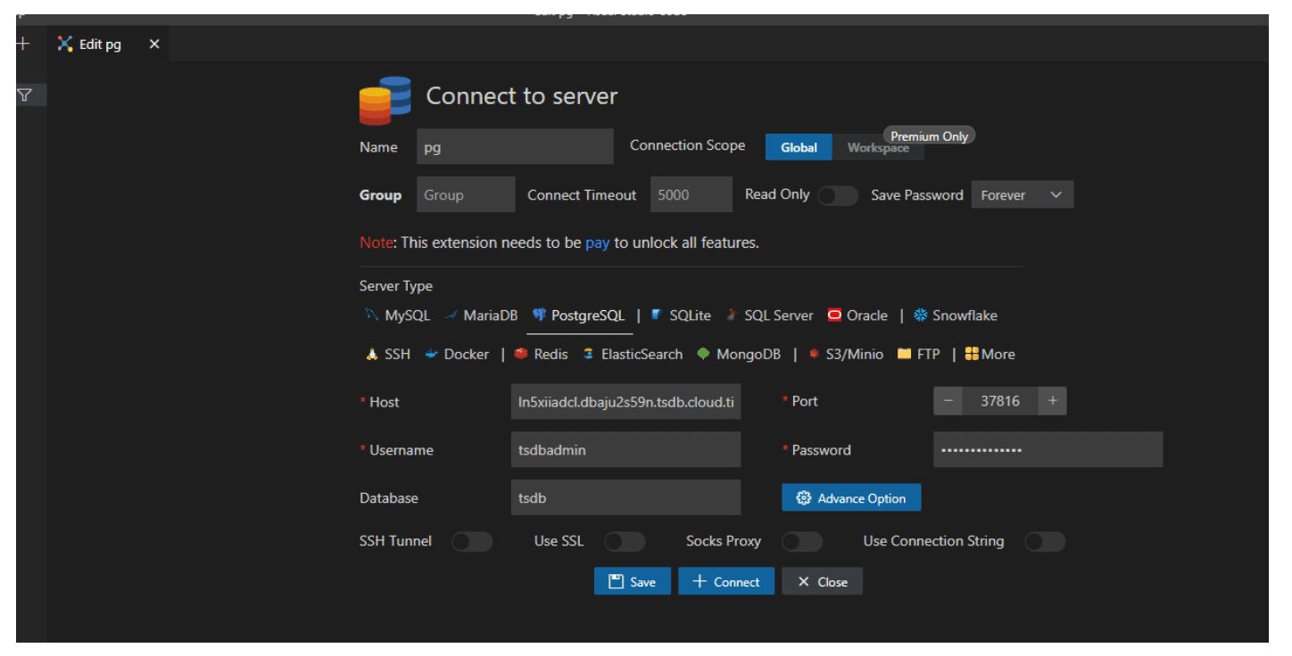 Integrating EMQX Cloud and Timescale: Connect to server page