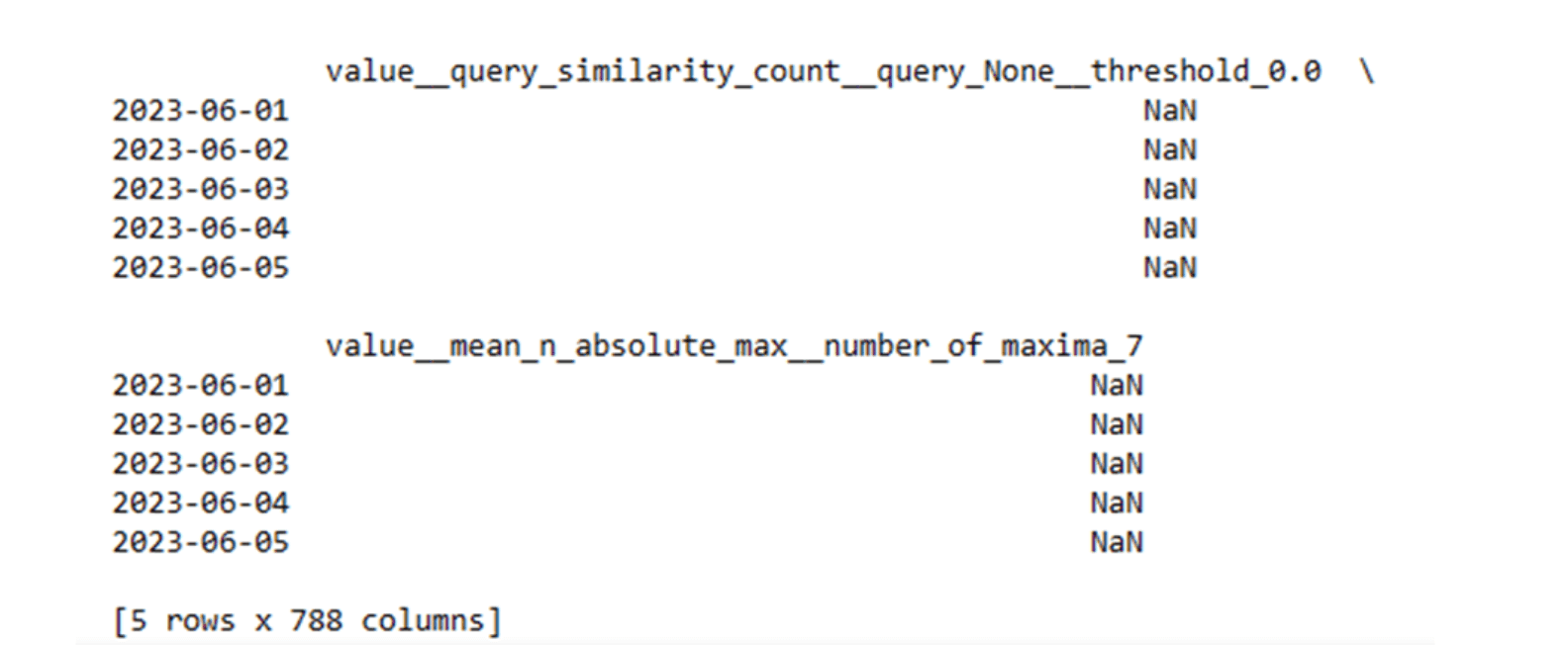 Each row represents a different time series, and each column indicates a specific Tsfresh feature