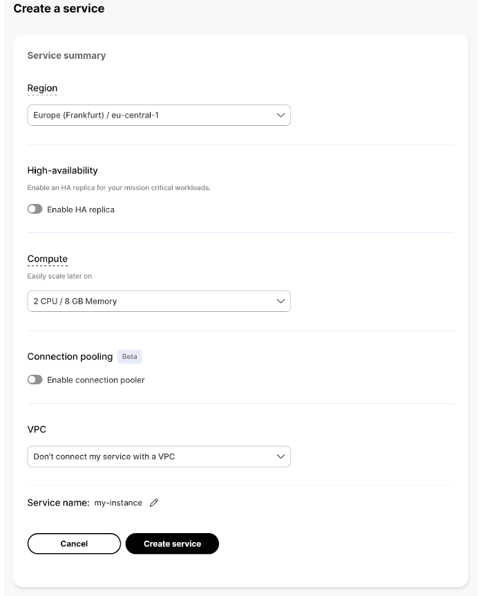 Create a Timescale service page in the Timescale Console