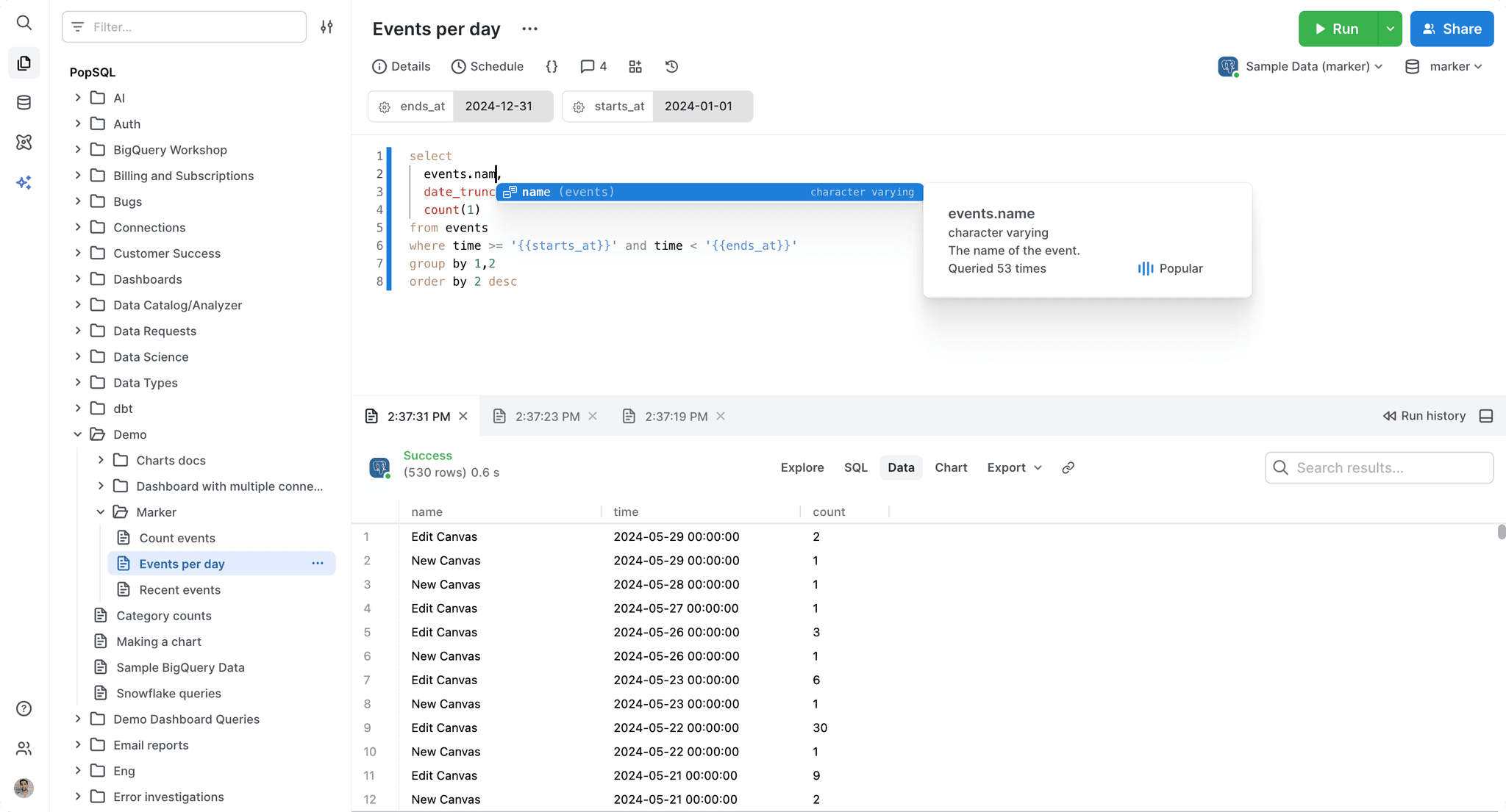 PopSQL's SQL editor