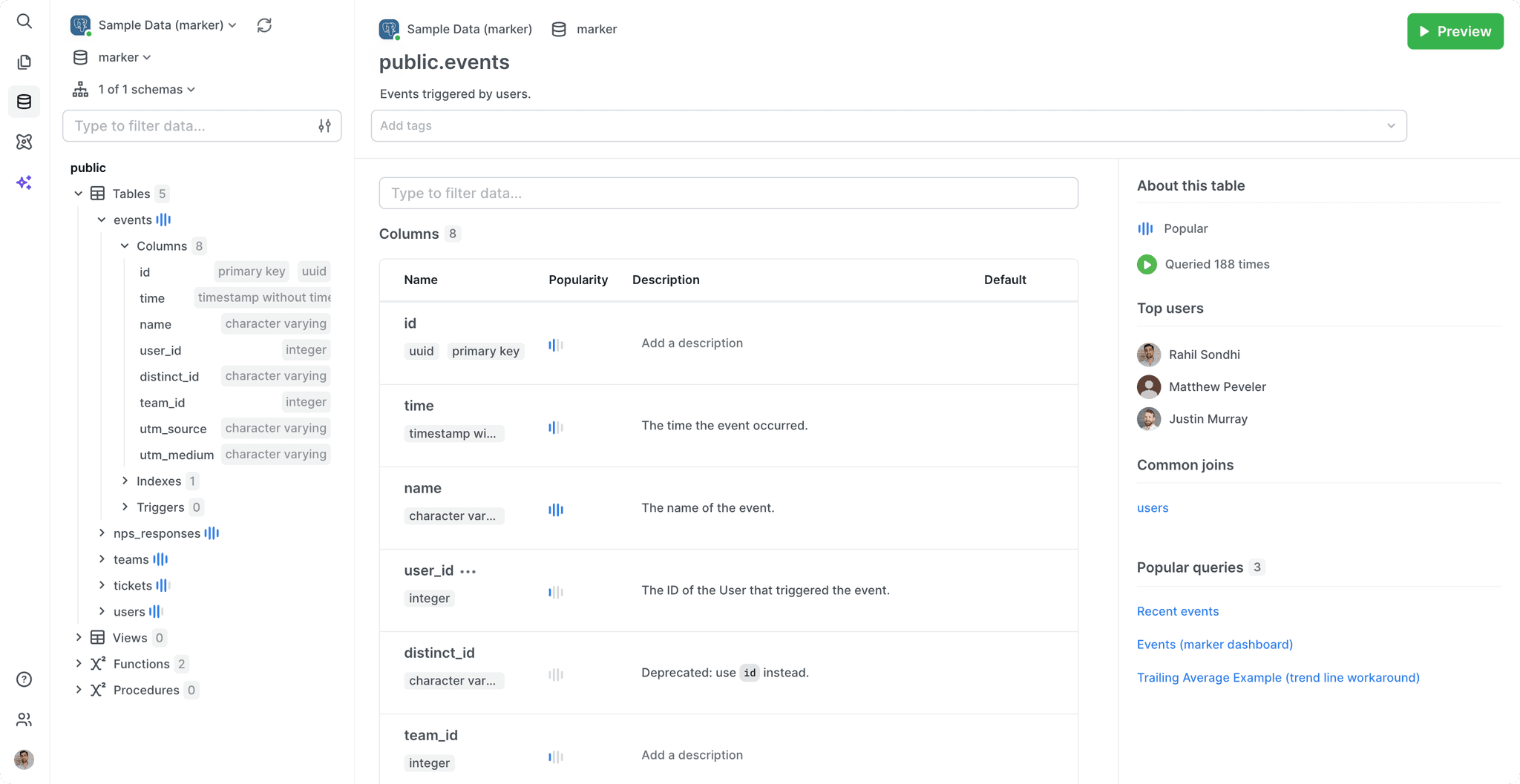 Inspecting your schema in the PopSQL editor