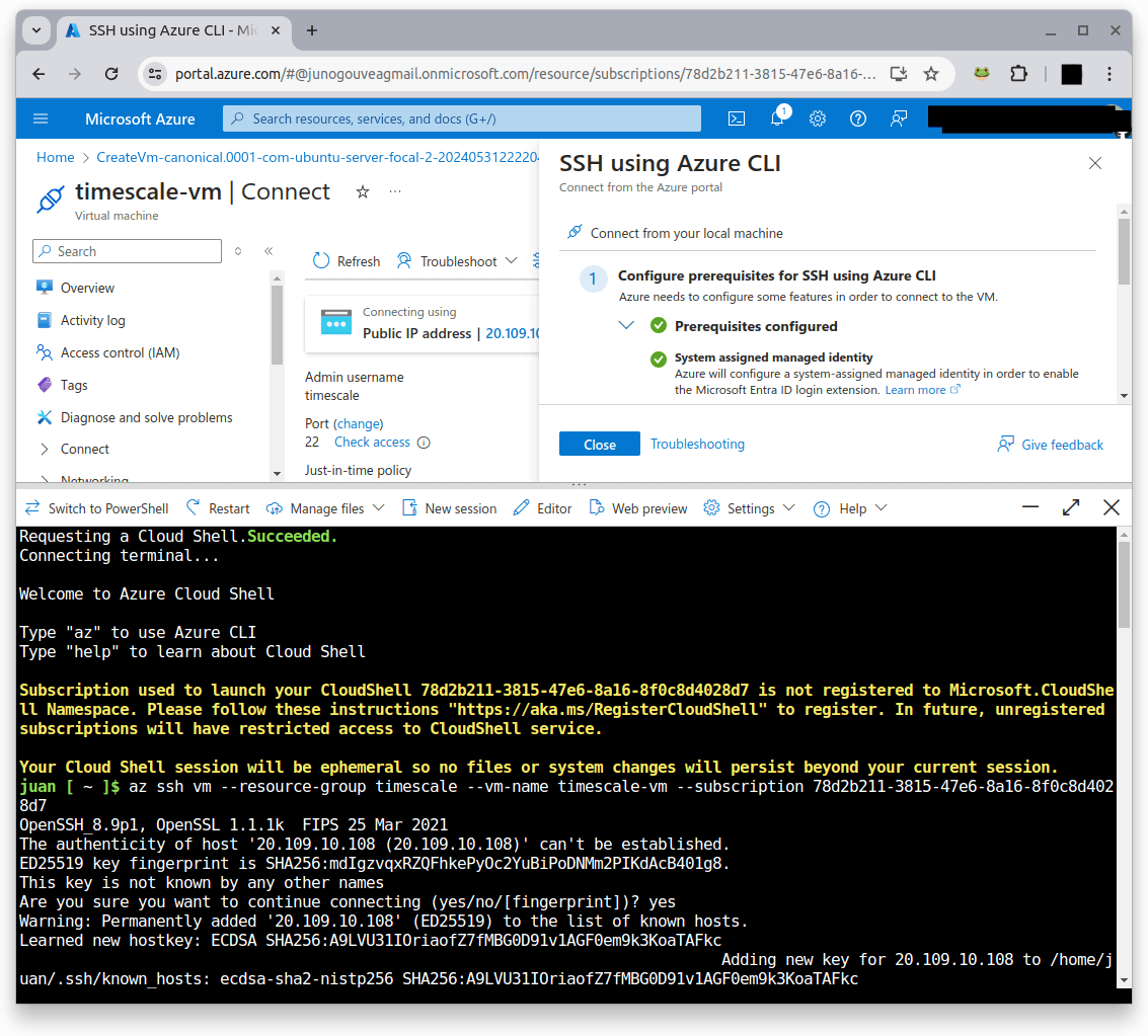 Azure's Timescale VM page. The terminal is open at the bottom of the page.