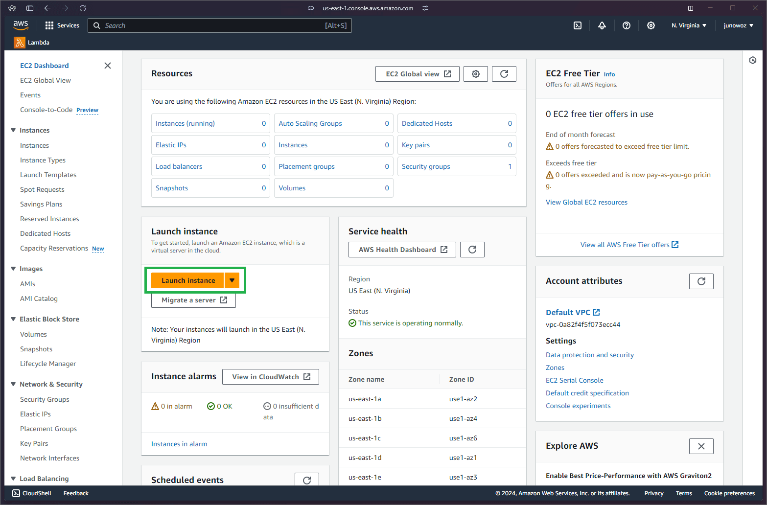 The AWS EC2 dashboard page with the button 'Launch instance' framed by a green box