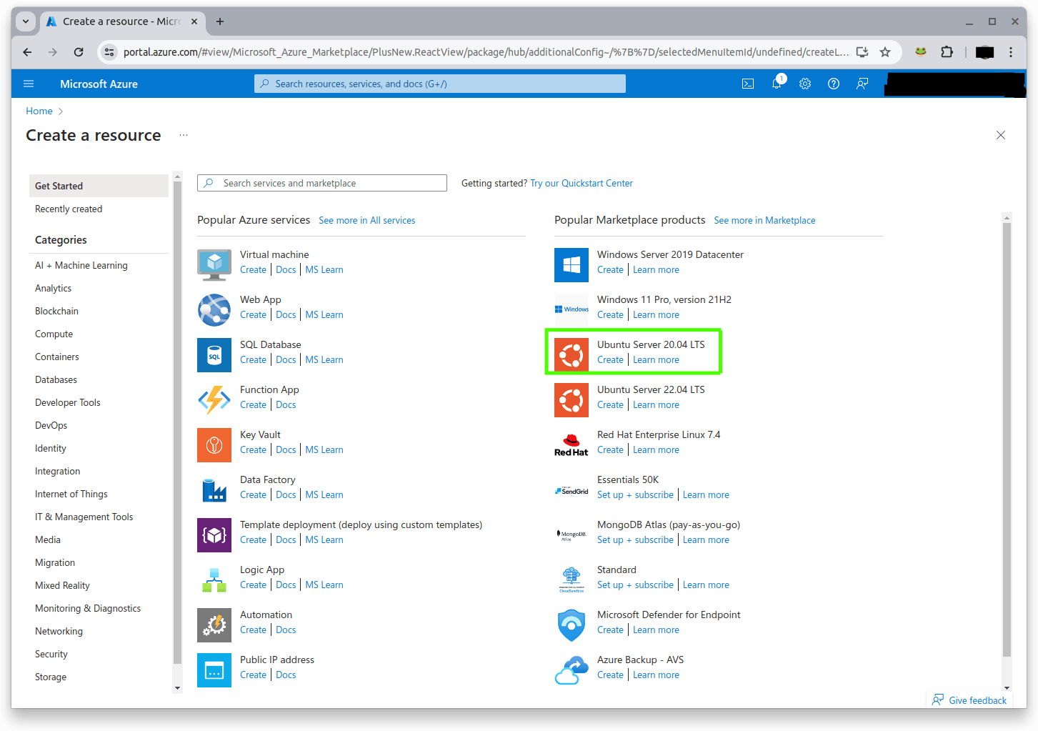 The Azure marketplace page with the option Ubuntu Server selected with a green frame around it