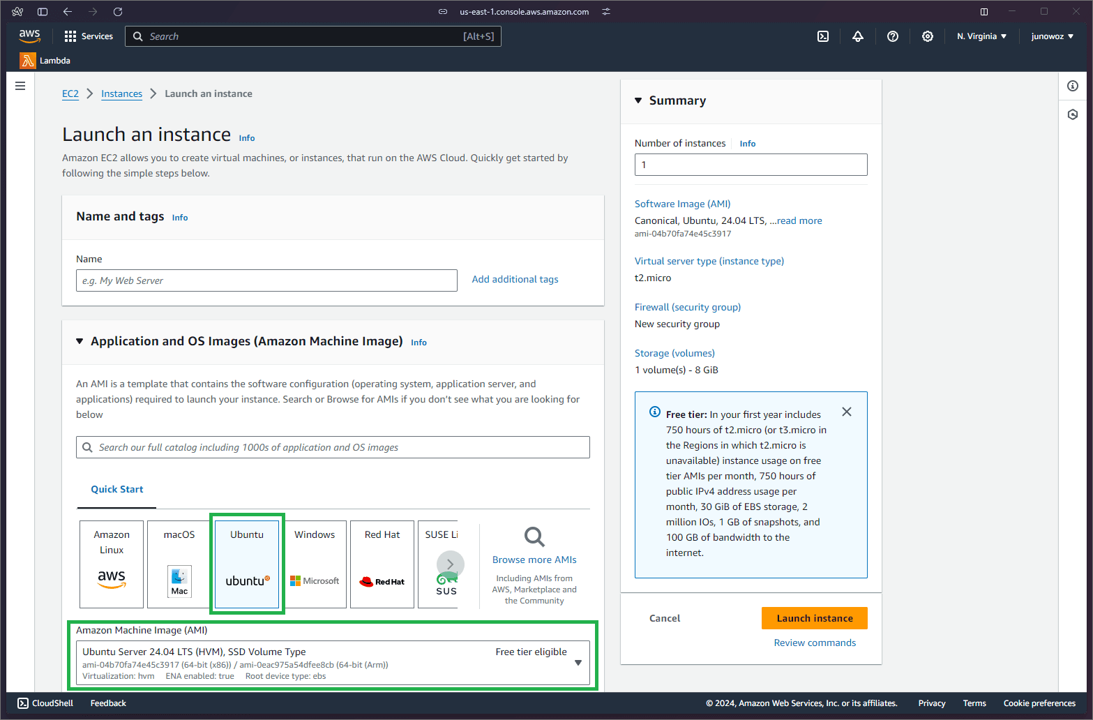 The 'Launch an instance' page with a green frame about Ubuntu and the Amazon Machine Image options