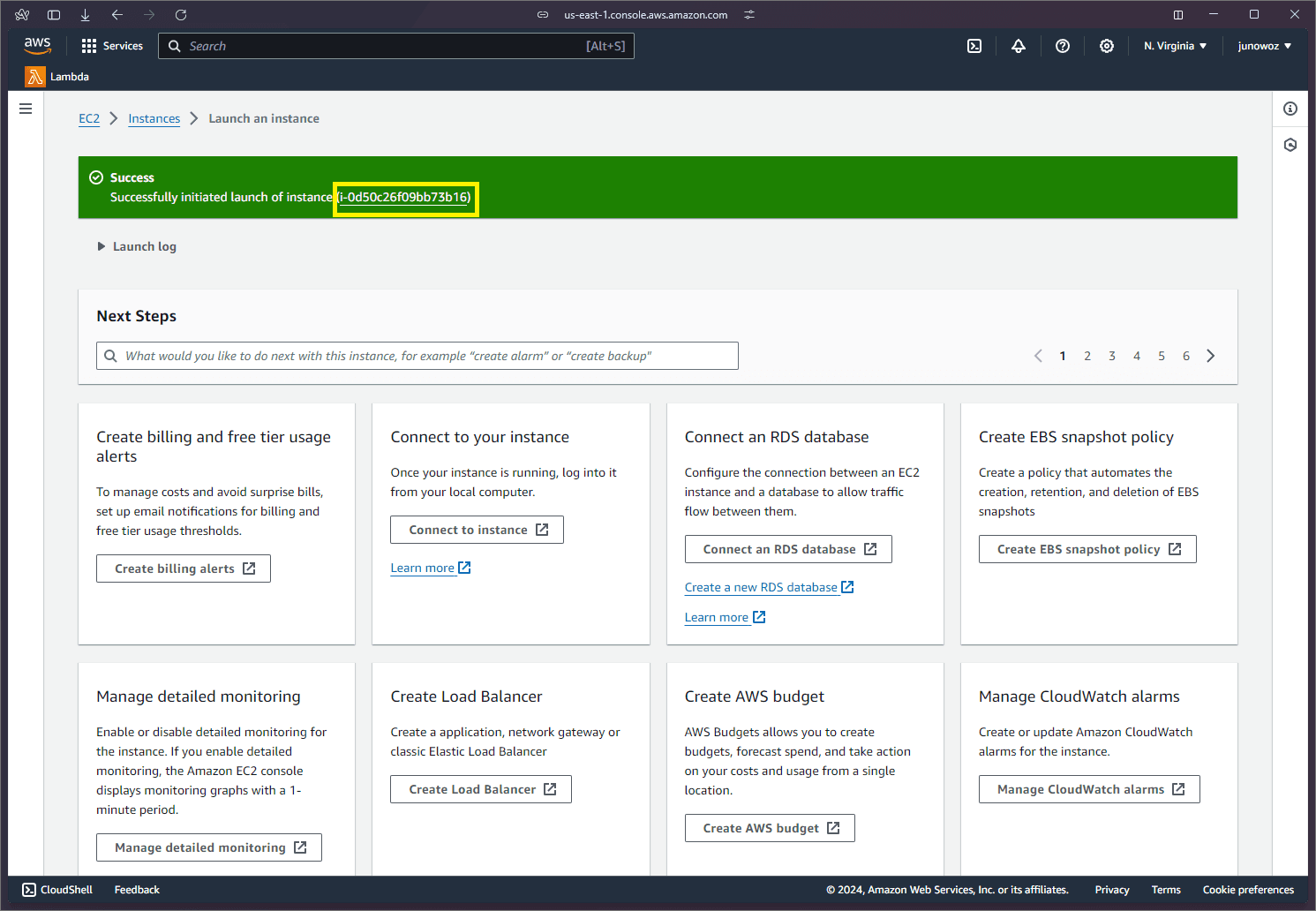 A yellow frame around the instance ID in AWS's Instances page