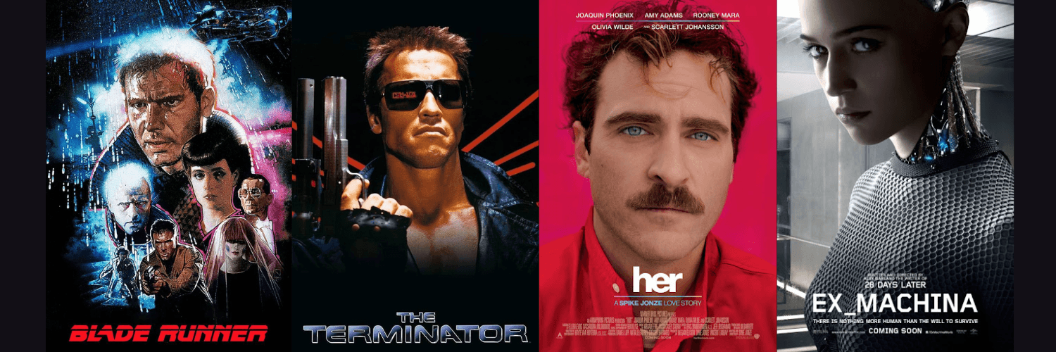 Side by side movie posters of Blade Runner (1982), Terminator (1984), her (2013), and Ex Machina (2014)