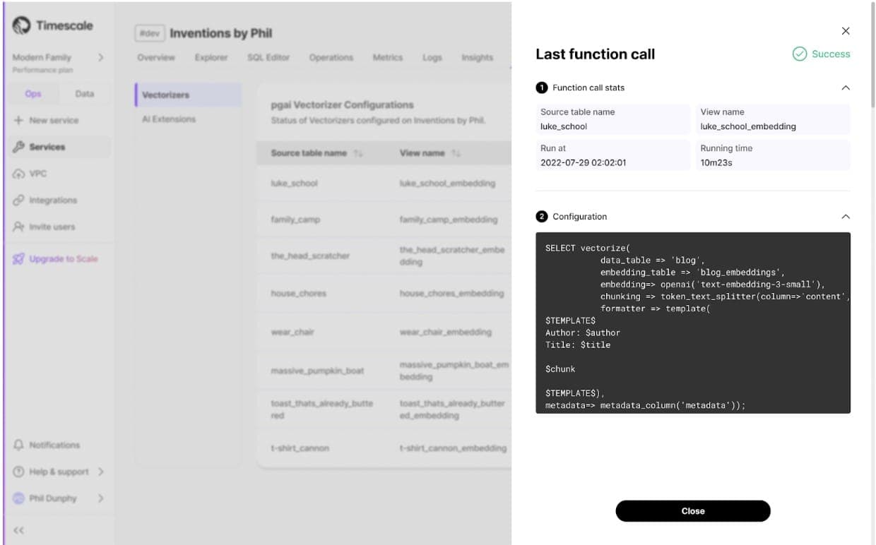 Version tracking - pgai Vectorizer system - Timescale UI