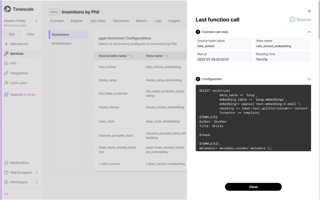 Model tracking - pgai Vectorizer system - Timescale UI