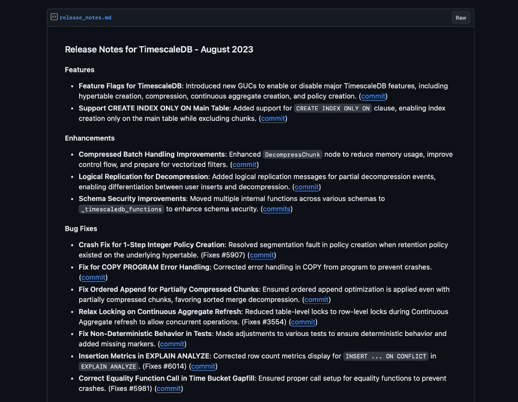 Markdown of release notes created by GPT4o via pgai as a result of summarizing commit messages housed in a PostgreSQL table. This is just a taste of the summarization, categorization, and advanced text processing available to you right inside PostgreSQL via pgai.