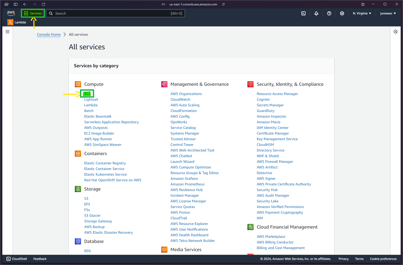 Console page that lists AWS services