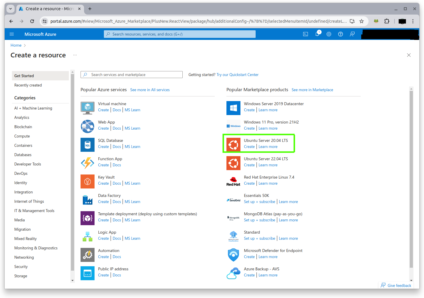 The Azure marketplace page with the option Ubuntu Server selected with a green frame around it