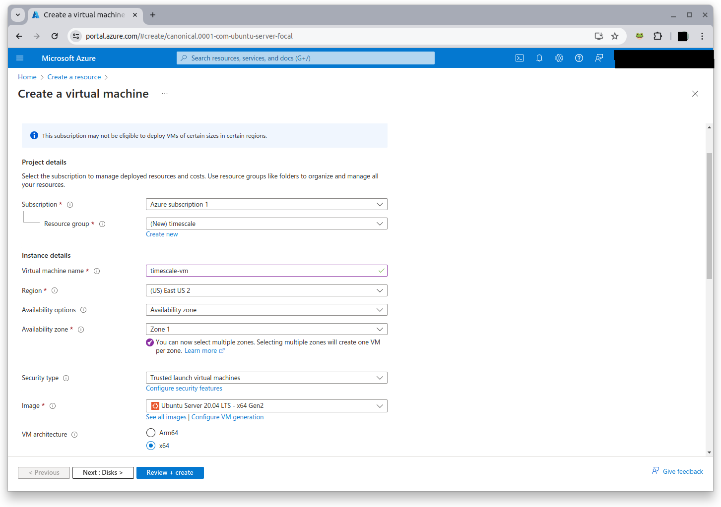 The Azure page where you can create a virtual machine