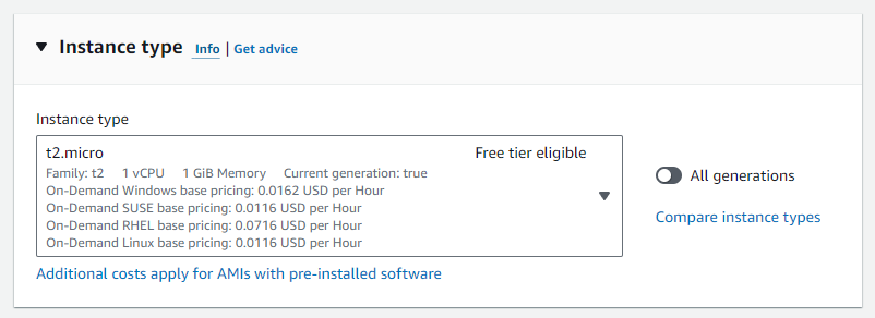 The instance dropdown menu on the AWS console