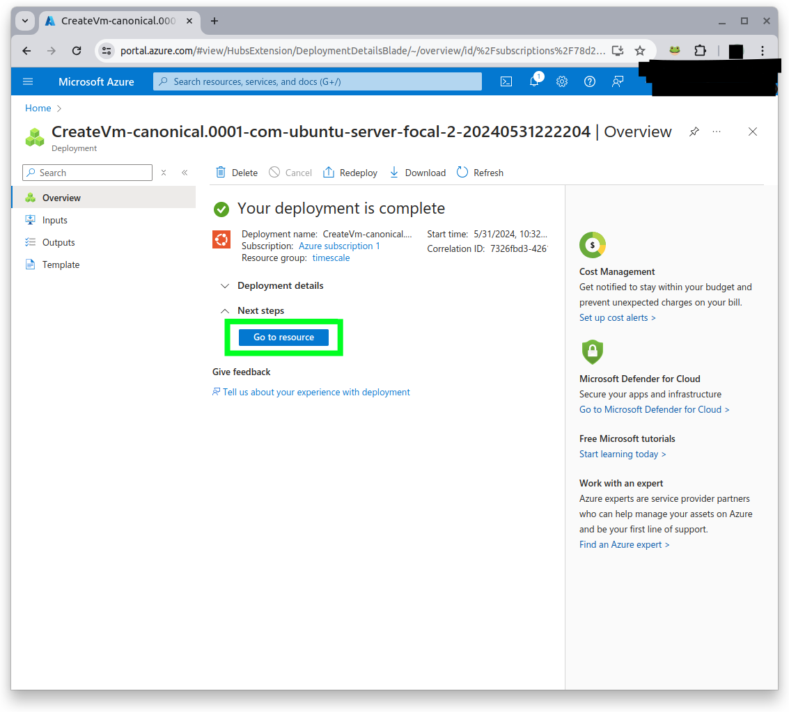 Azure's deployment page. The Go to resource button is highlighted with a green frame around it.